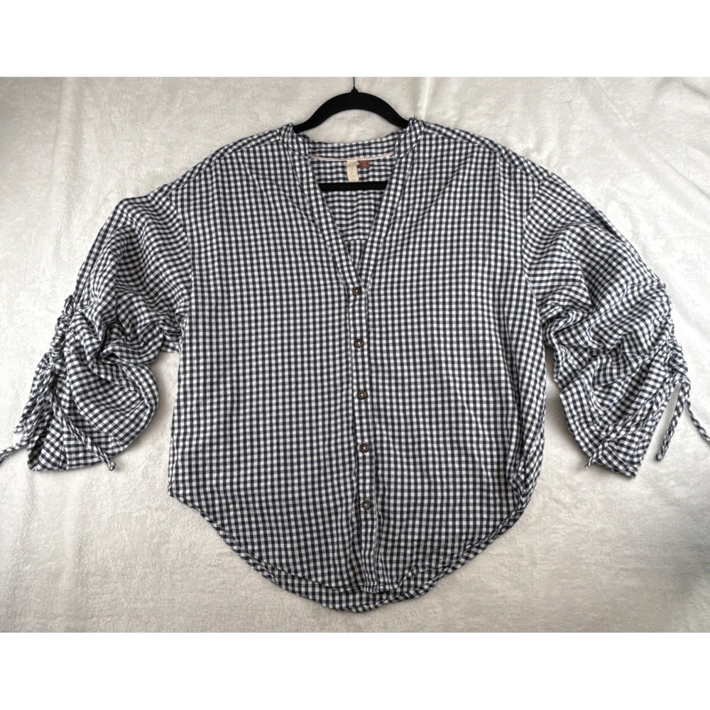 Anthropologie Pilcro Blue Gingham Button Down Blouse Woman's S  Sleeve3/4 Tie